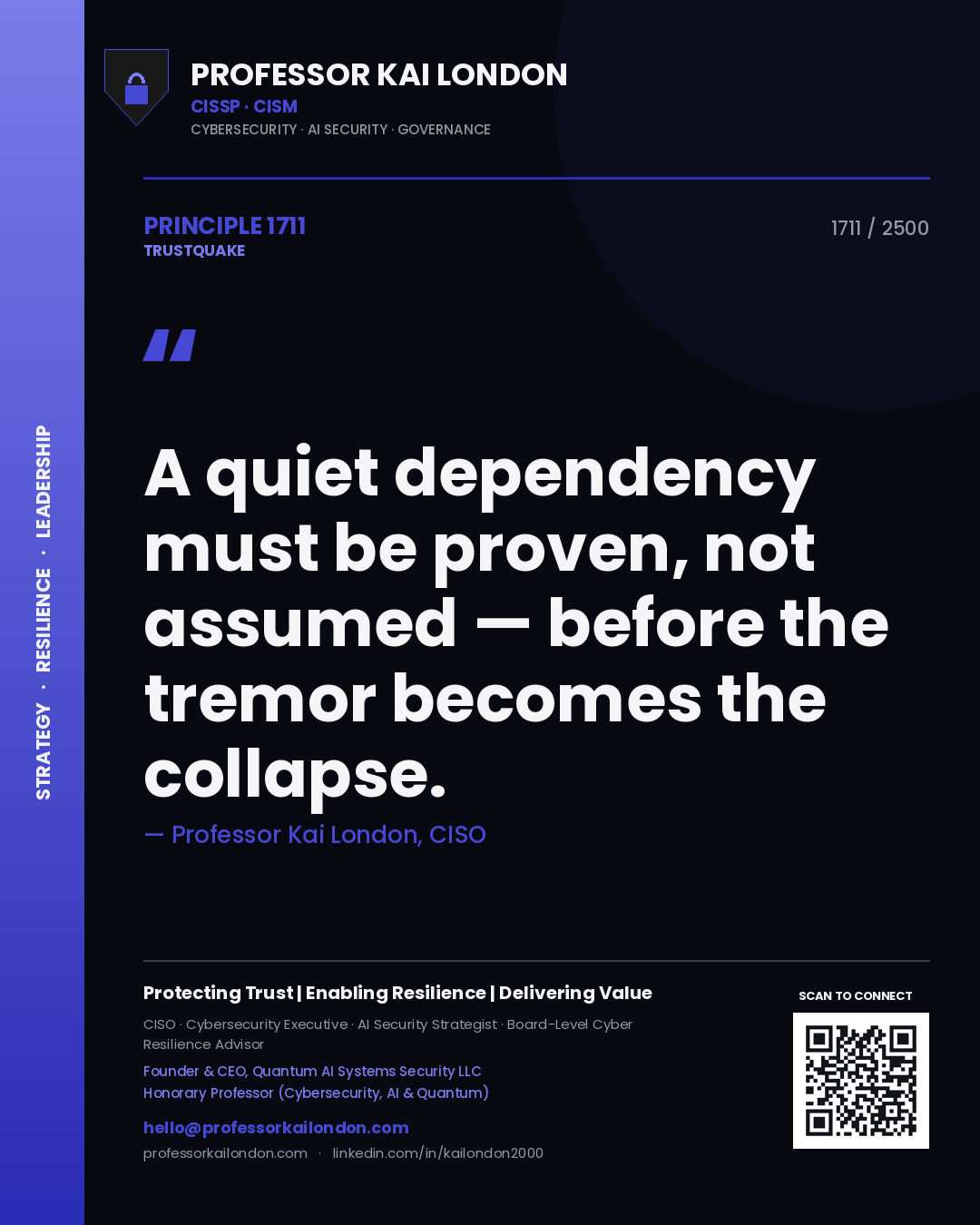 Quote card by Professor Kai London reading 'A quiet dependency must be proven, not assumed — before the tremor becomes the collapse.'. From the book Trustquake.
