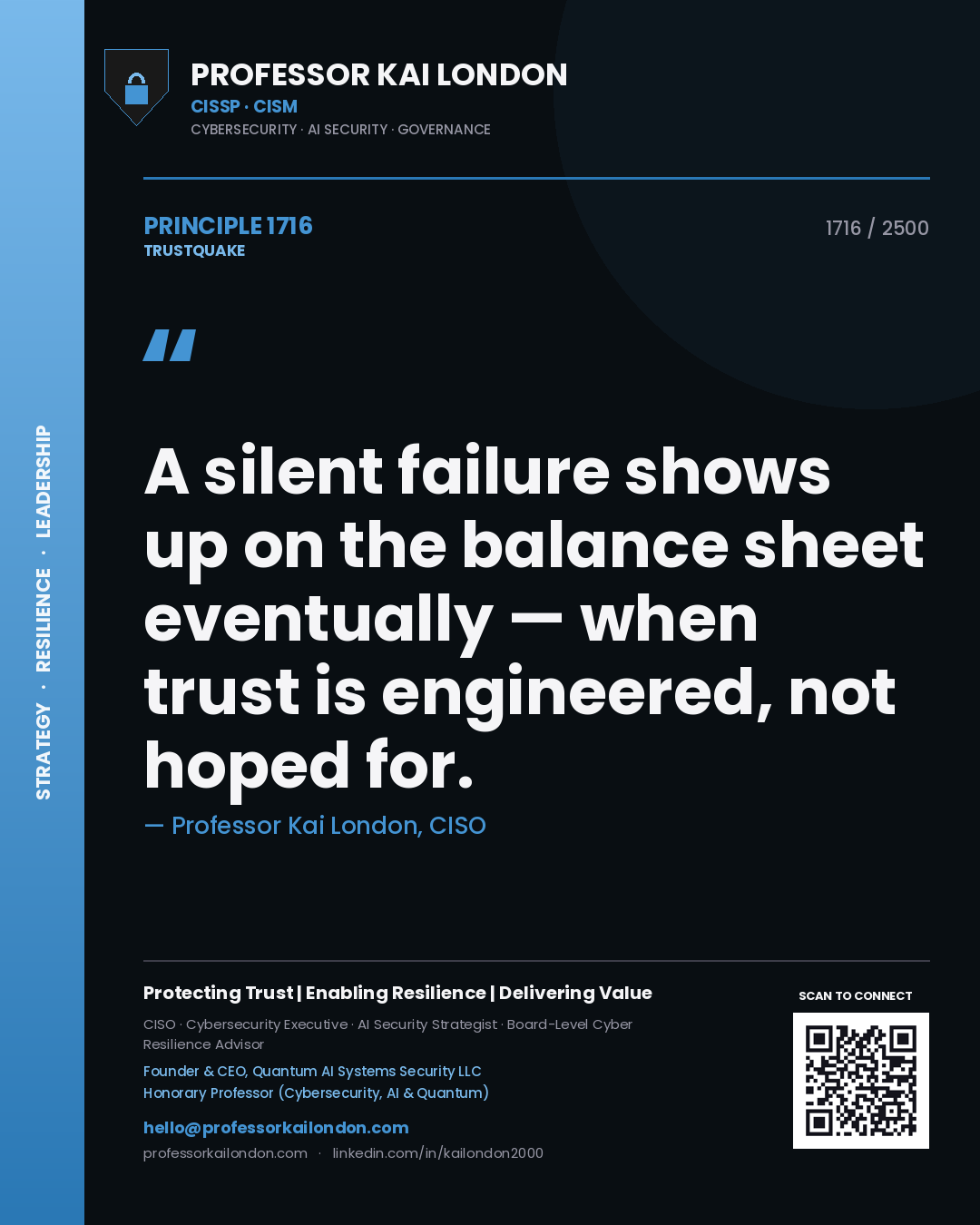 Quote card by Professor Kai London reading 'A silent failure shows up on the balance sheet eventually — when trust is engineered, not hoped for.'. From the book Trustquake.