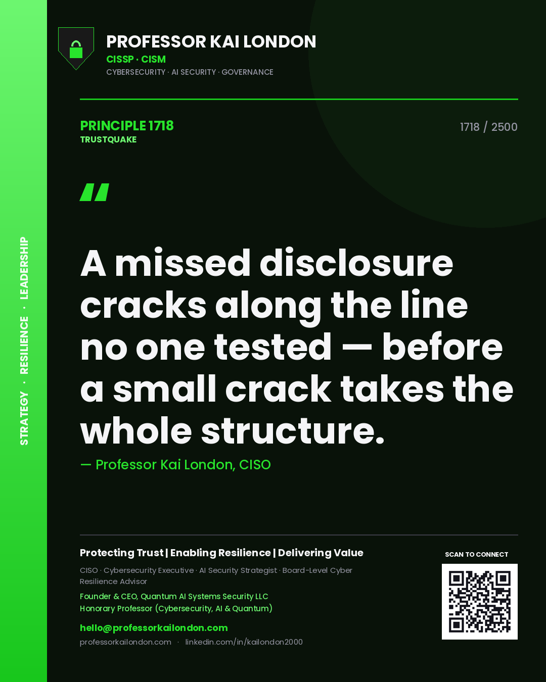 Quote card by Professor Kai London reading 'A missed disclosure cracks along the line no one tested — before a small crack takes the whole structure.'. From the book Trustquake.