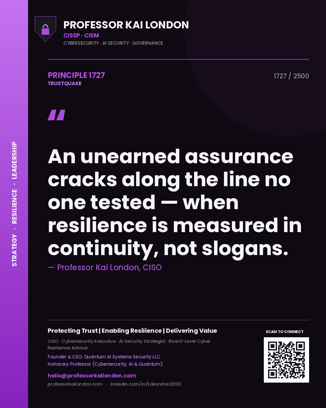 Quote card by Professor Kai London reading 'An unearned assurance cracks along the line no one tested — when resilience is measured in continuity, not slogans.'. From the book Trustquake.