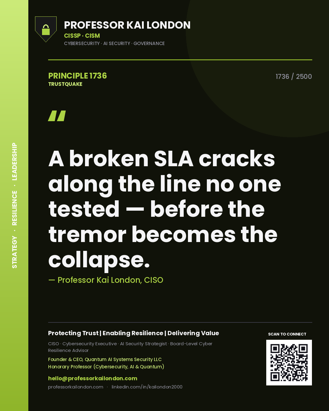 Quote card by Professor Kai London reading 'A broken SLA cracks along the line no one tested — before the tremor becomes the collapse.'. From the book Trustquake.
