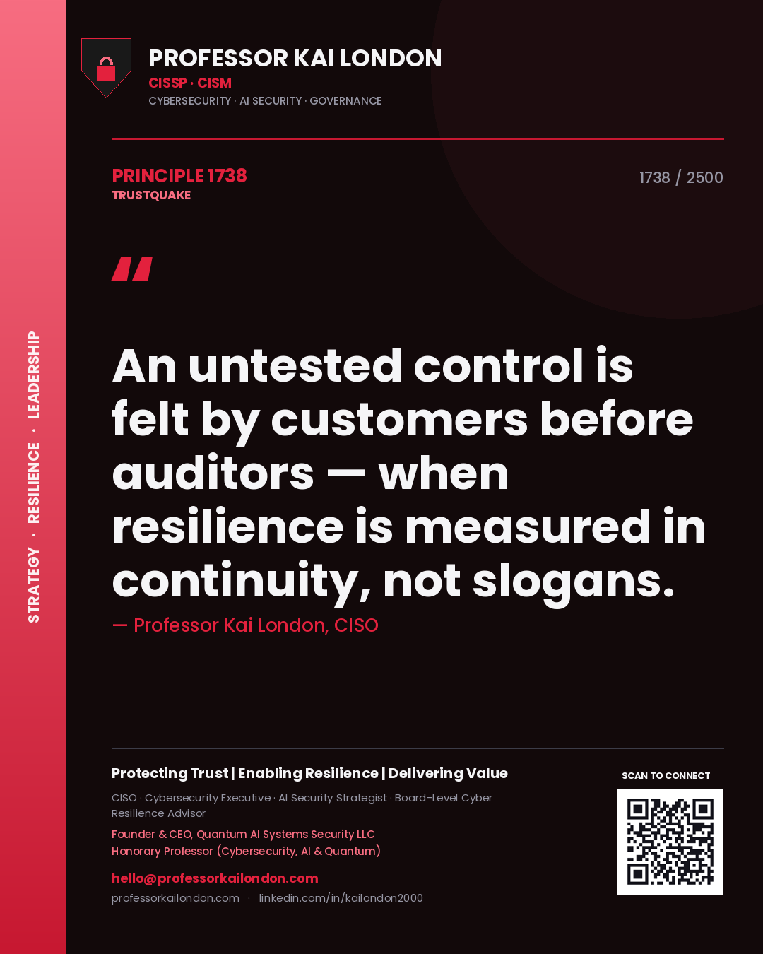 Quote card by Professor Kai London reading 'An untested control is felt by customers before auditors — when resilience is measured in continuity, not slogans.'. From the book Trustquake.