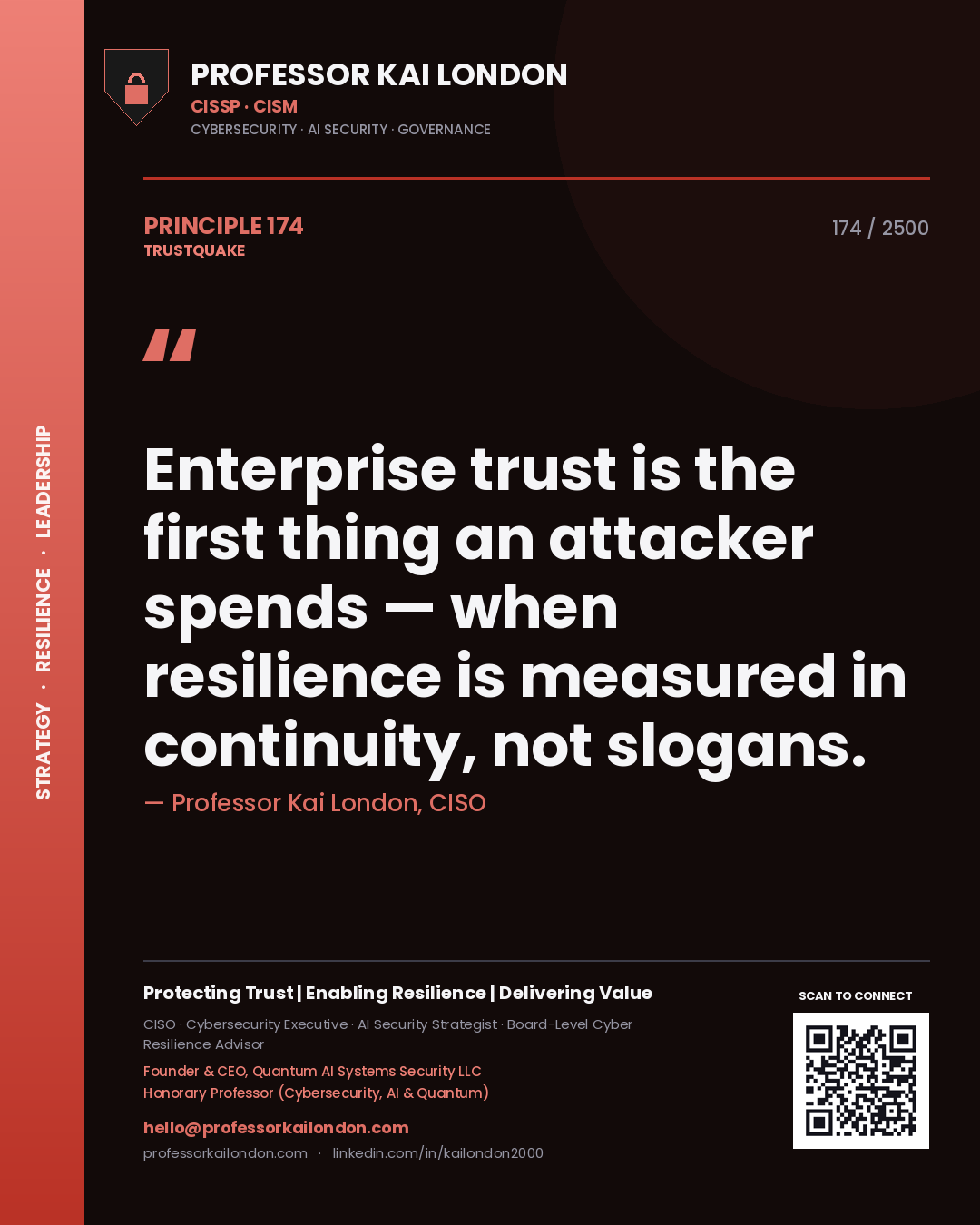 Quote card by Professor Kai London reading 'Enterprise trust is the first thing an attacker spends — when resilience is measured in continuity, not slogans.'. From the book Trustquake.