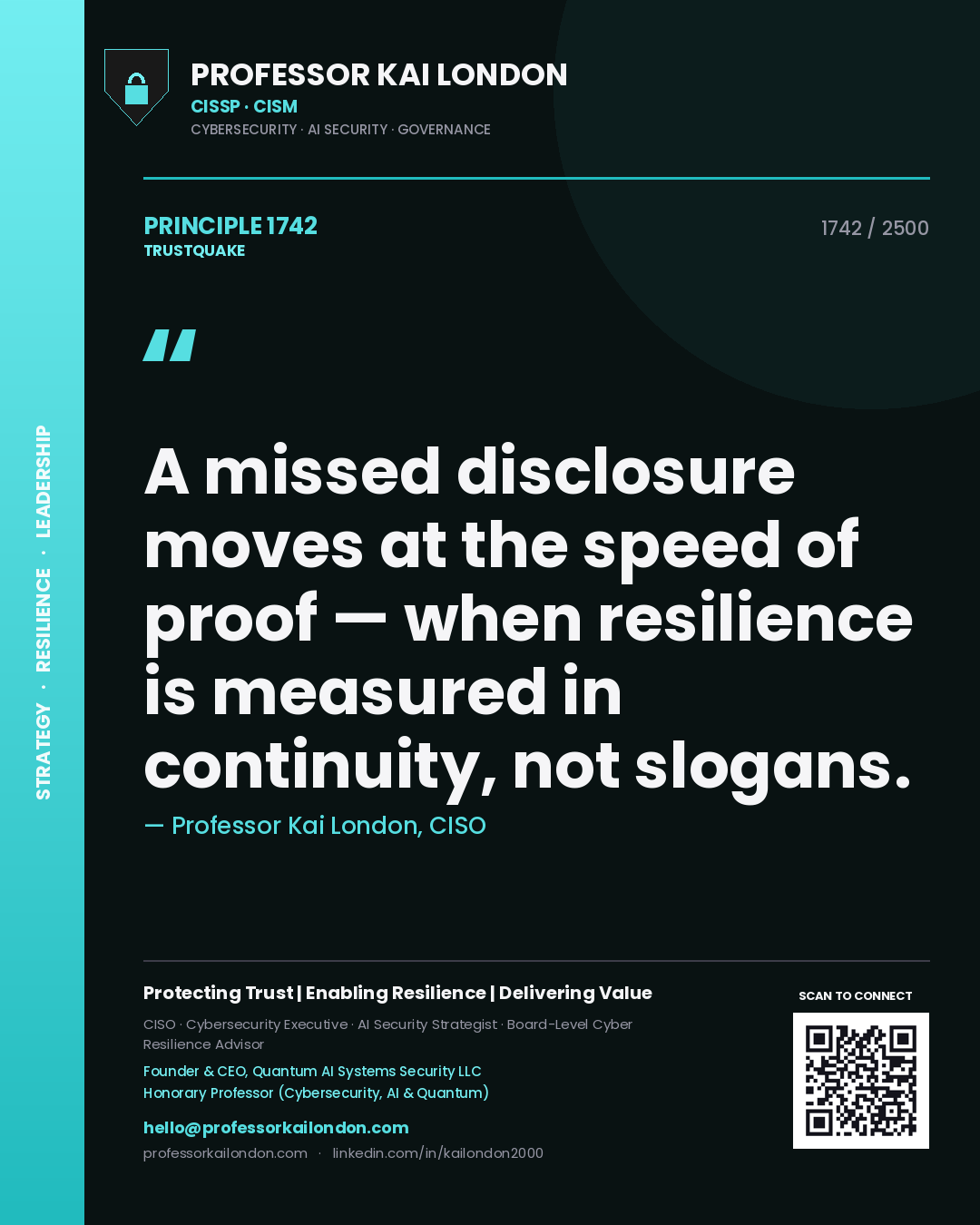 Quote card by Professor Kai London reading 'A missed disclosure moves at the speed of proof — when resilience is measured in continuity, not slogans.'. From the book Trustquake.