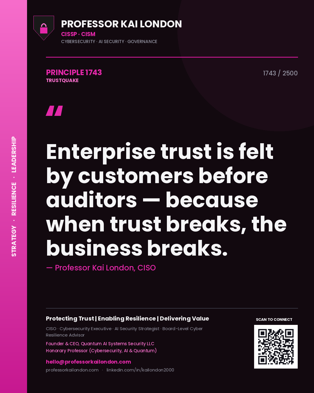 Quote card by Professor Kai London reading 'Enterprise trust is felt by customers before auditors — because when trust breaks, the business breaks.'. From the book Trustquake.