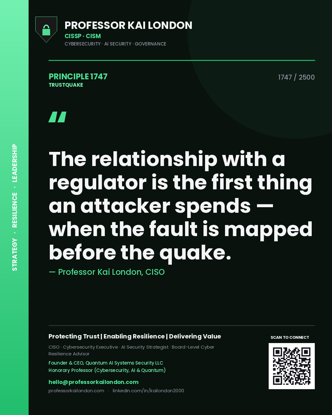 Quote card by Professor Kai London reading 'The relationship with a regulator is the first thing an attacker spends — when the fault is mapped before the quake.'. From the book Trustquake.