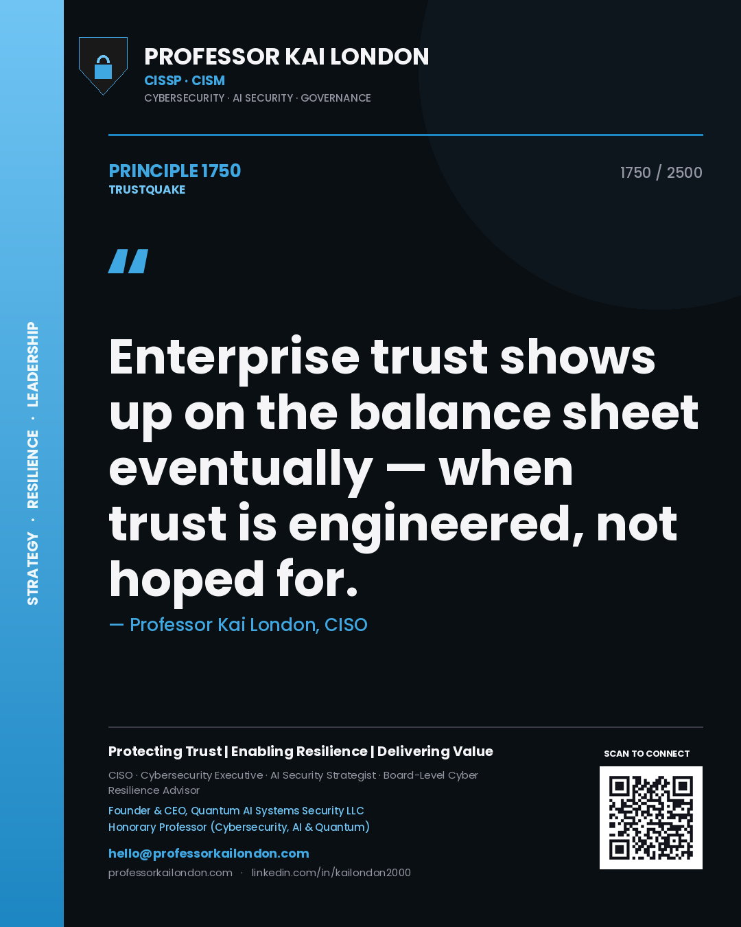 Quote card by Professor Kai London reading 'Enterprise trust shows up on the balance sheet eventually — when trust is engineered, not hoped for.'. From the book Trustquake.