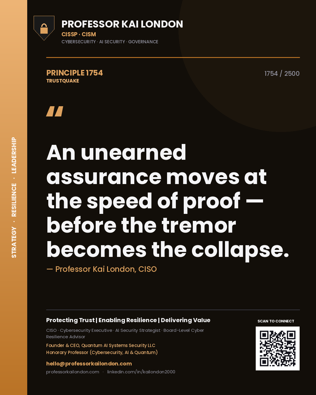 Quote card by Professor Kai London reading 'An unearned assurance moves at the speed of proof — before the tremor becomes the collapse.'. From the book Trustquake.