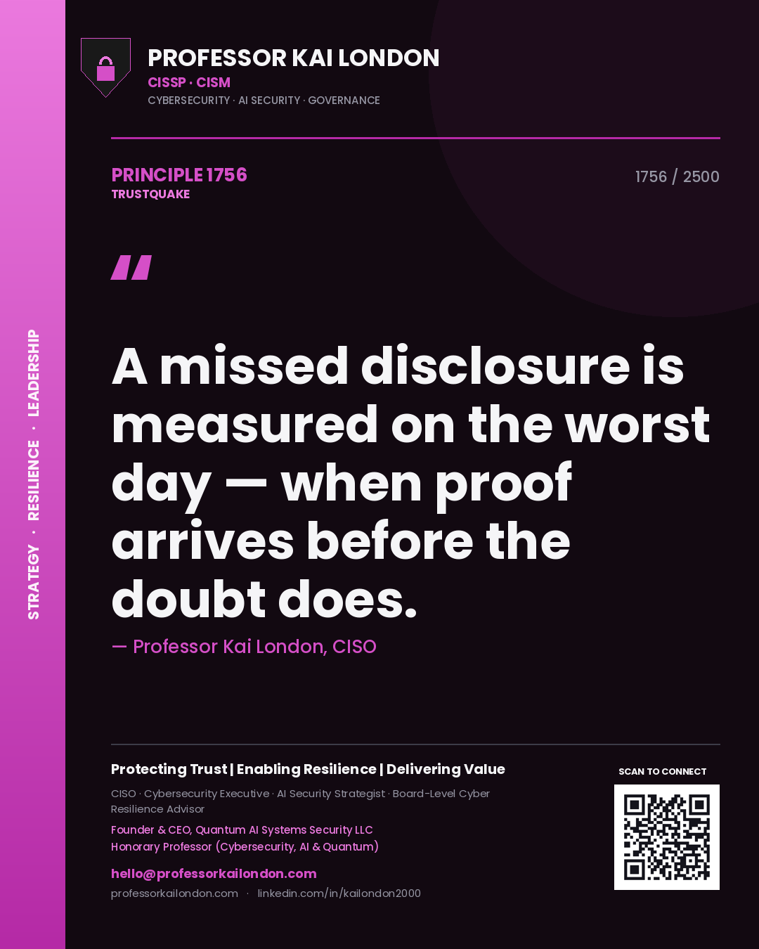 Quote card by Professor Kai London reading 'A missed disclosure is measured on the worst day — when proof arrives before the doubt does.'. From the book Trustquake.