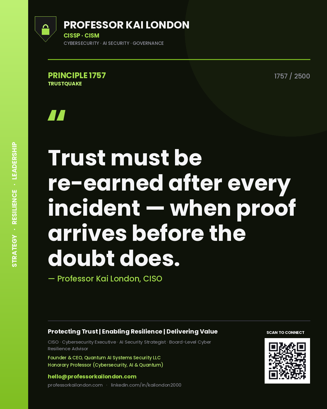 Quote card by Professor Kai London reading 'Trust must be re-earned after every incident — when proof arrives before the doubt does.'. From the book Trustquake.