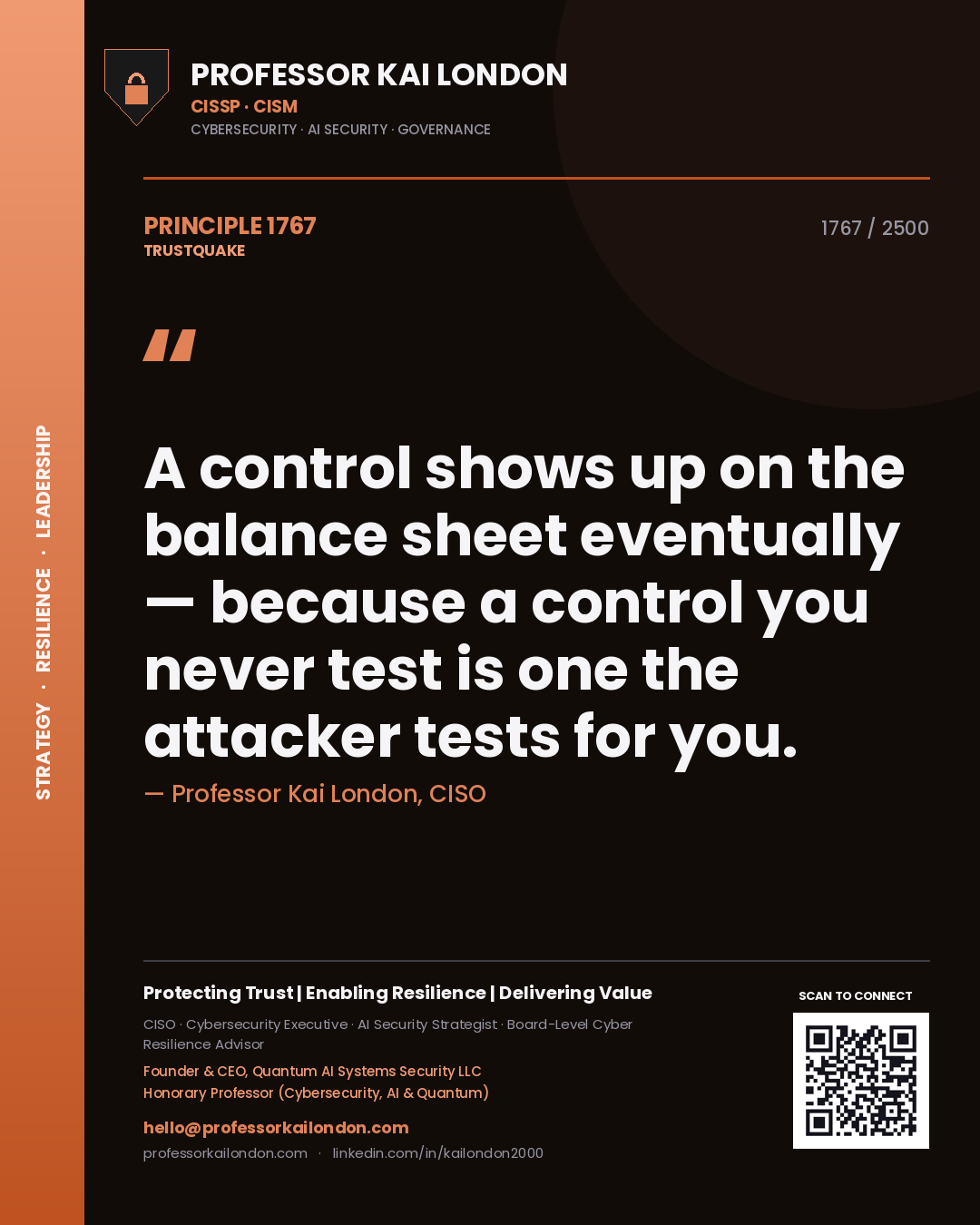 Quote card by Professor Kai London reading 'A control shows up on the balance sheet eventually — because a control you never test is one the attacker tests for you.'. From the book Trustquake.