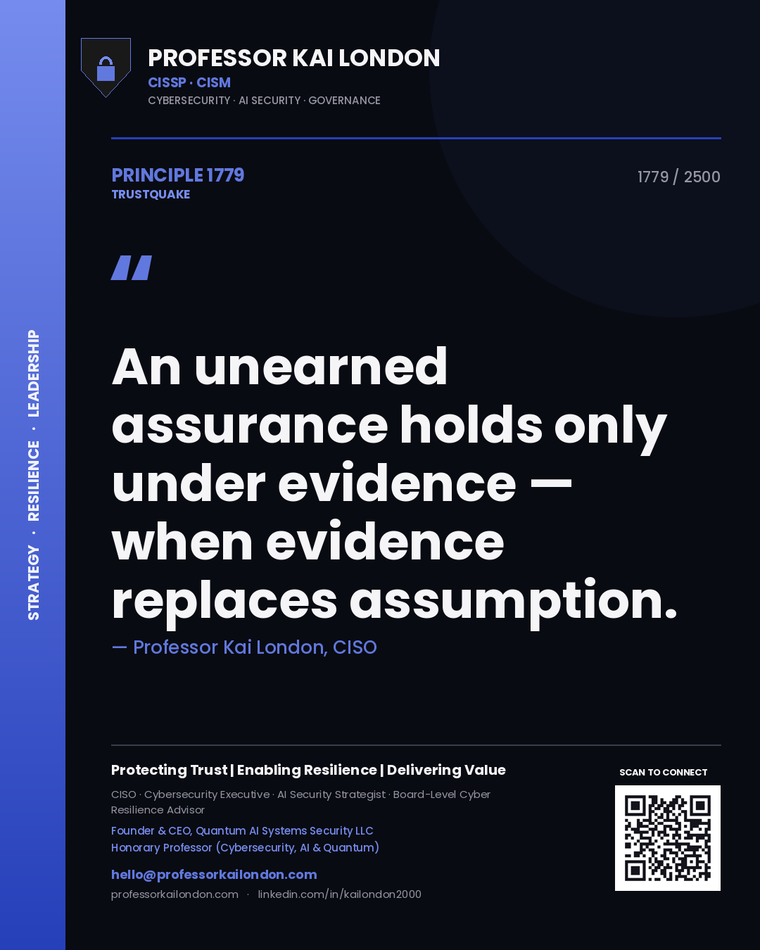 Quote card by Professor Kai London reading 'An unearned assurance holds only under evidence — when evidence replaces assumption.'. From the book Trustquake.