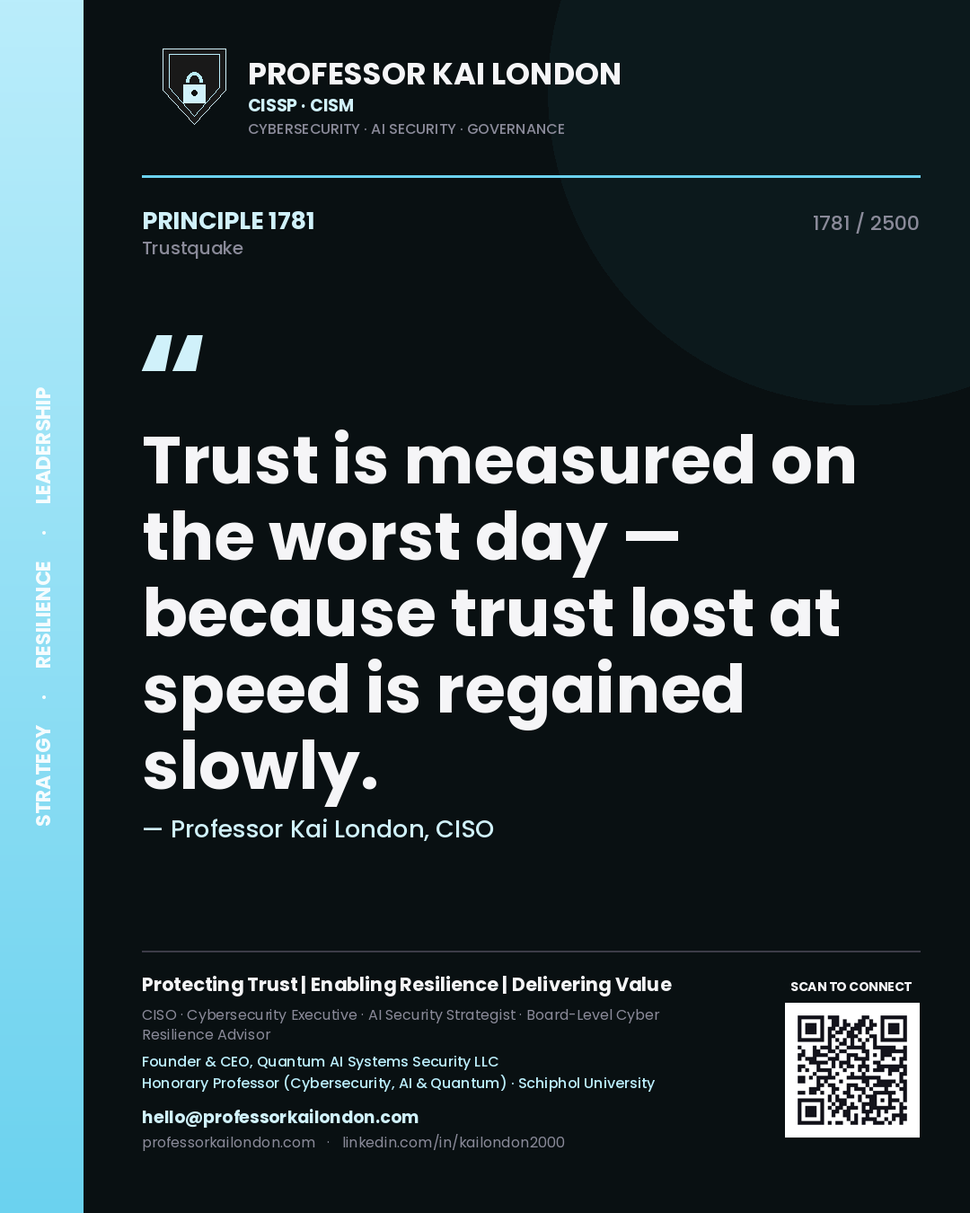Quote card by Professor Kai London reading 'Trust is measured on the worst day — because trust lost at speed is regained slowly.'. From the book Trustquake.