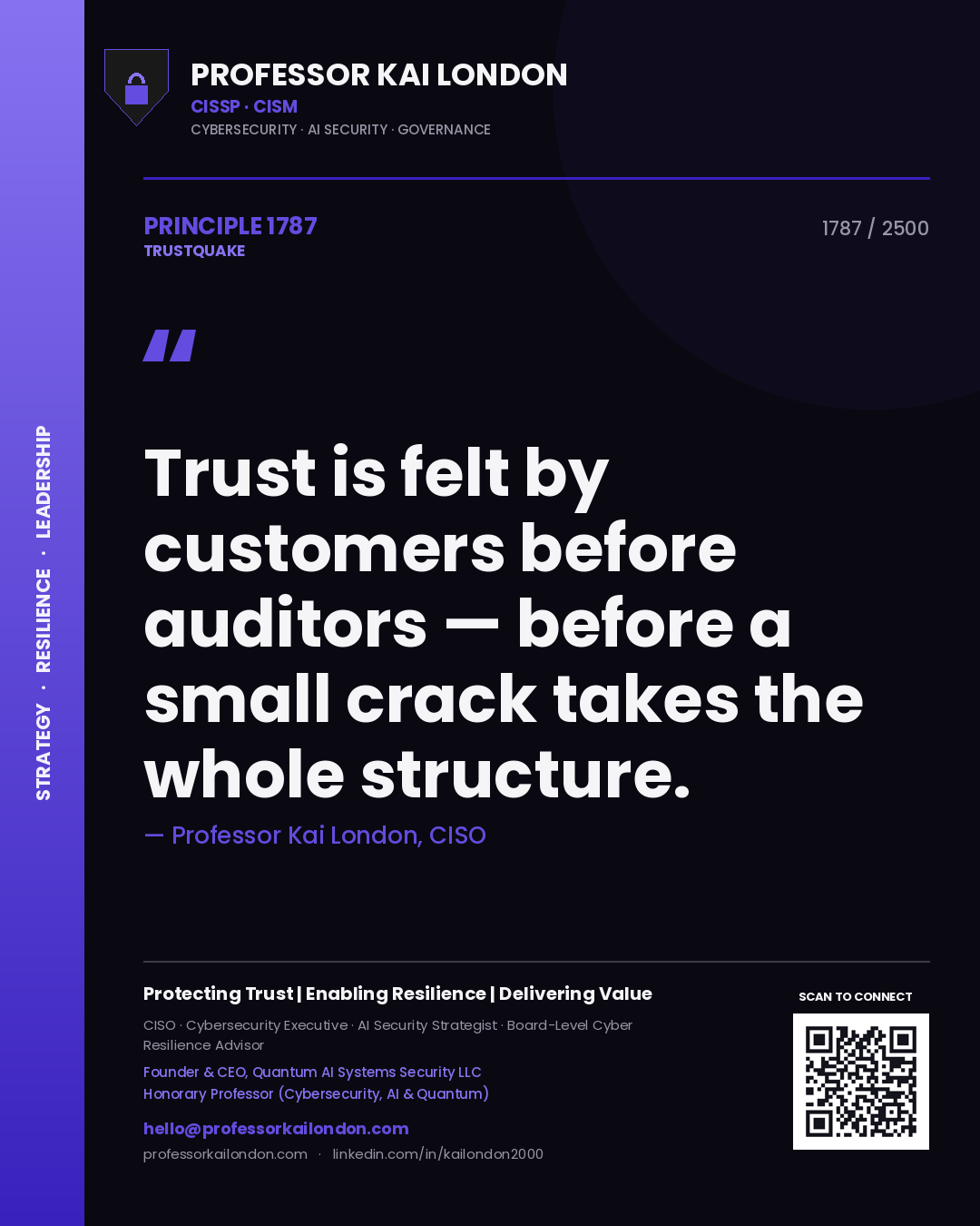 Quote card by Professor Kai London reading 'Trust is felt by customers before auditors — before a small crack takes the whole structure.'. From the book Trustquake.