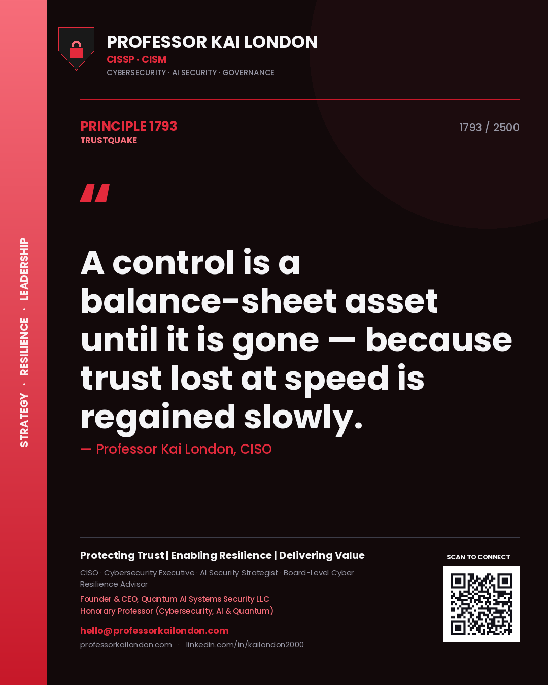 Quote card by Professor Kai London reading 'A control is a balance-sheet asset until it is gone — because trust lost at speed is regained slowly.'. From the book Trustquake.