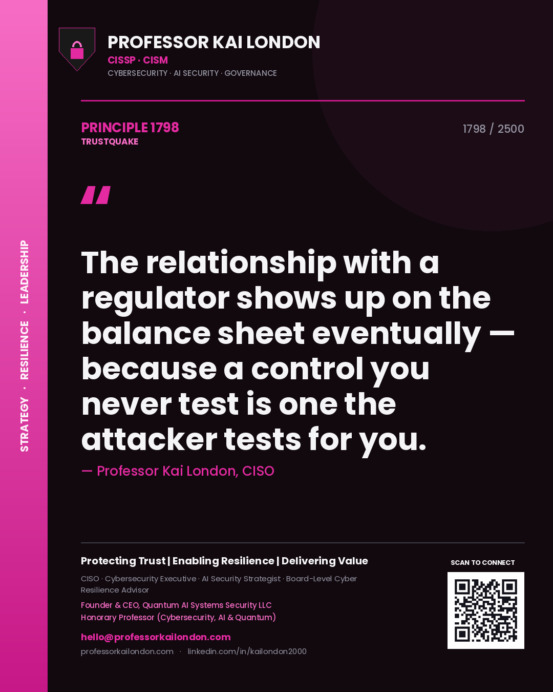Quote card by Professor Kai London reading 'The relationship with a regulator shows up on the balance sheet eventually — because a control you never test is one the attacker tests for you.'. From the book Trustquake.
