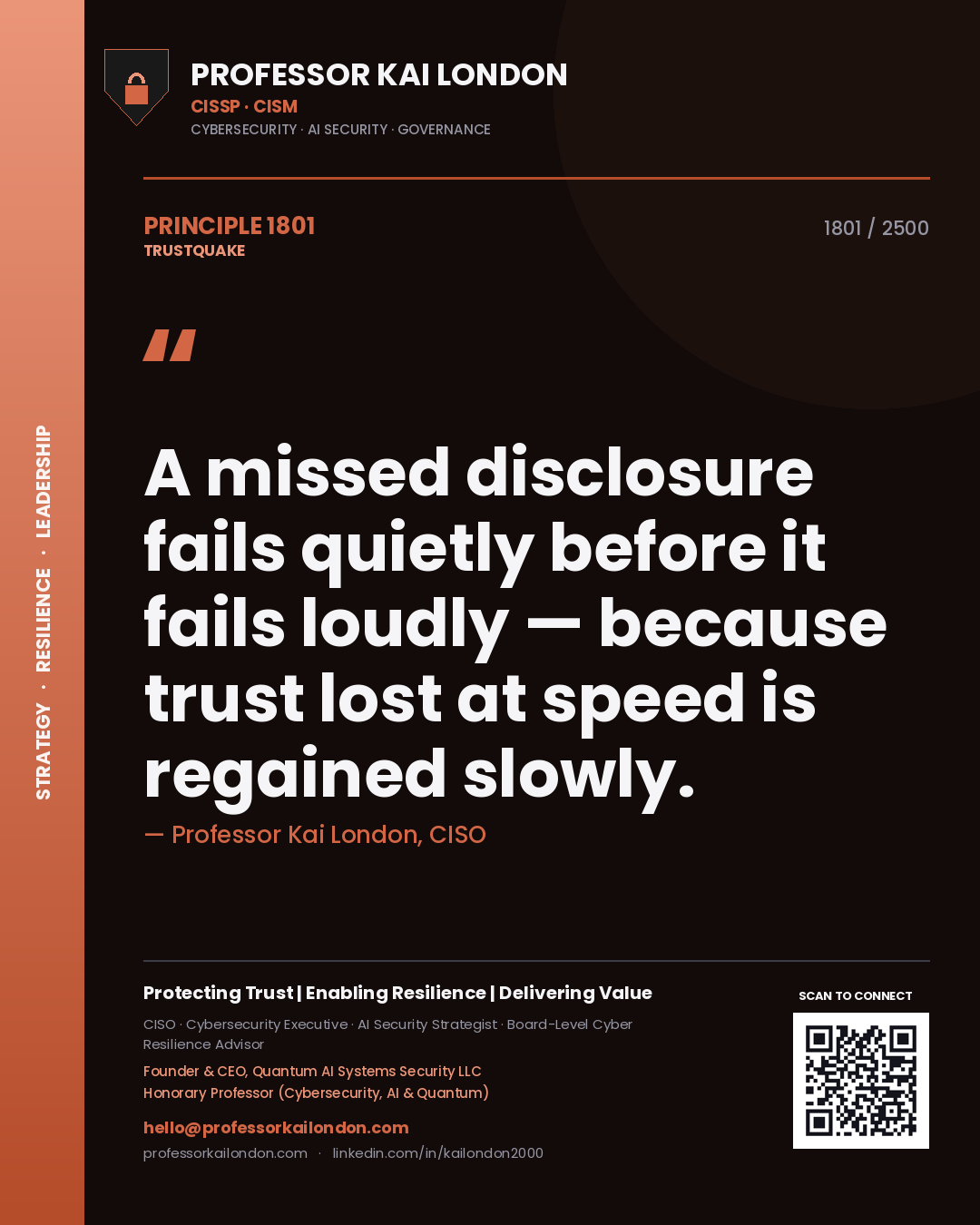 Professor Kai London principle 1801: A missed disclosure fails quietly before it fails loudly — because trust lost at speed is regained slowly.