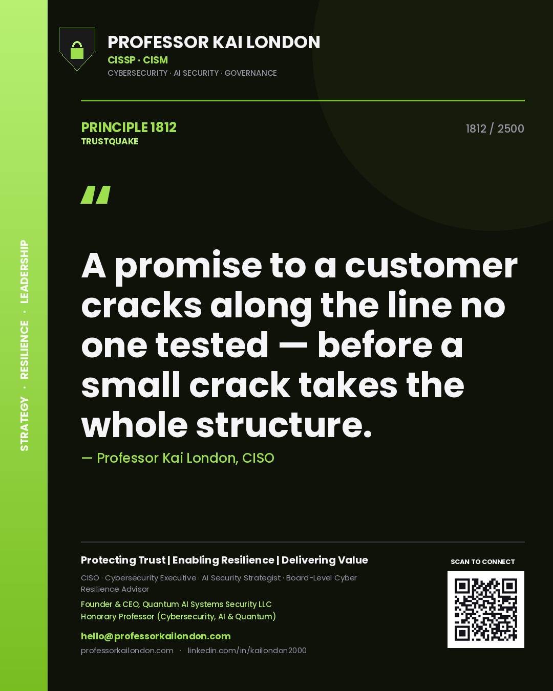 Quote card by Professor Kai London reading 'A promise to a customer cracks along the line no one tested — before a small crack takes the whole structure.'. From the book Trustquake.