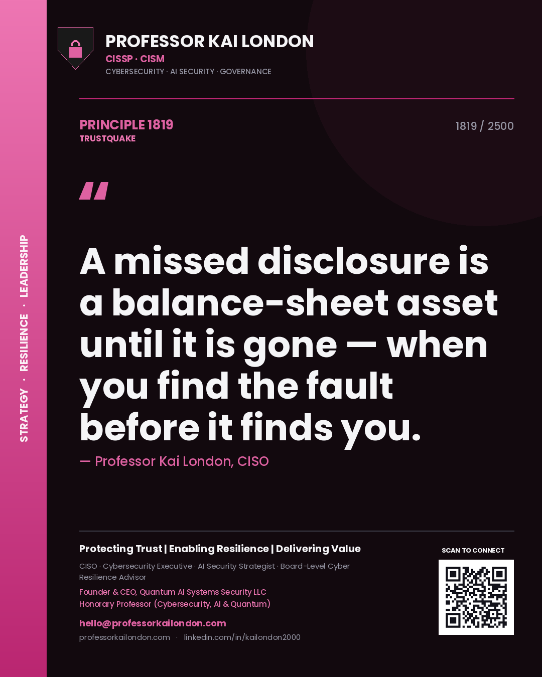 Quote card by Professor Kai London reading 'A missed disclosure is a balance-sheet asset until it is gone — when you find the fault before it finds you.'. From the book Trustquake.