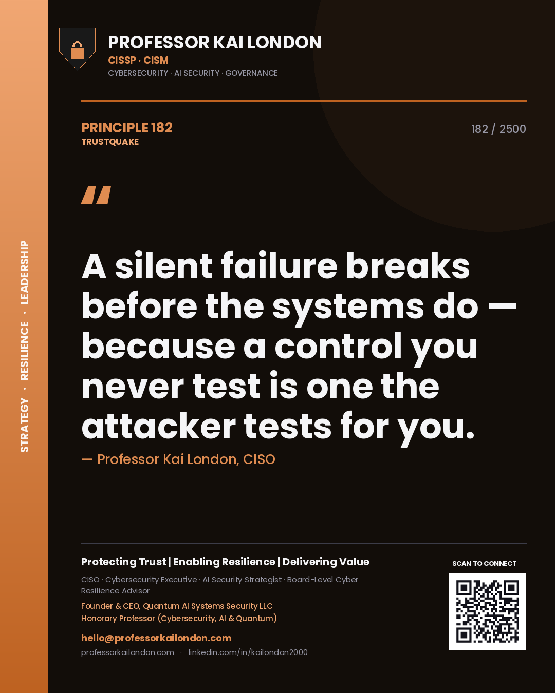 Professor Kai London principle 182: A silent failure breaks before the systems do — because a control you never test is one the attacker tests for you.