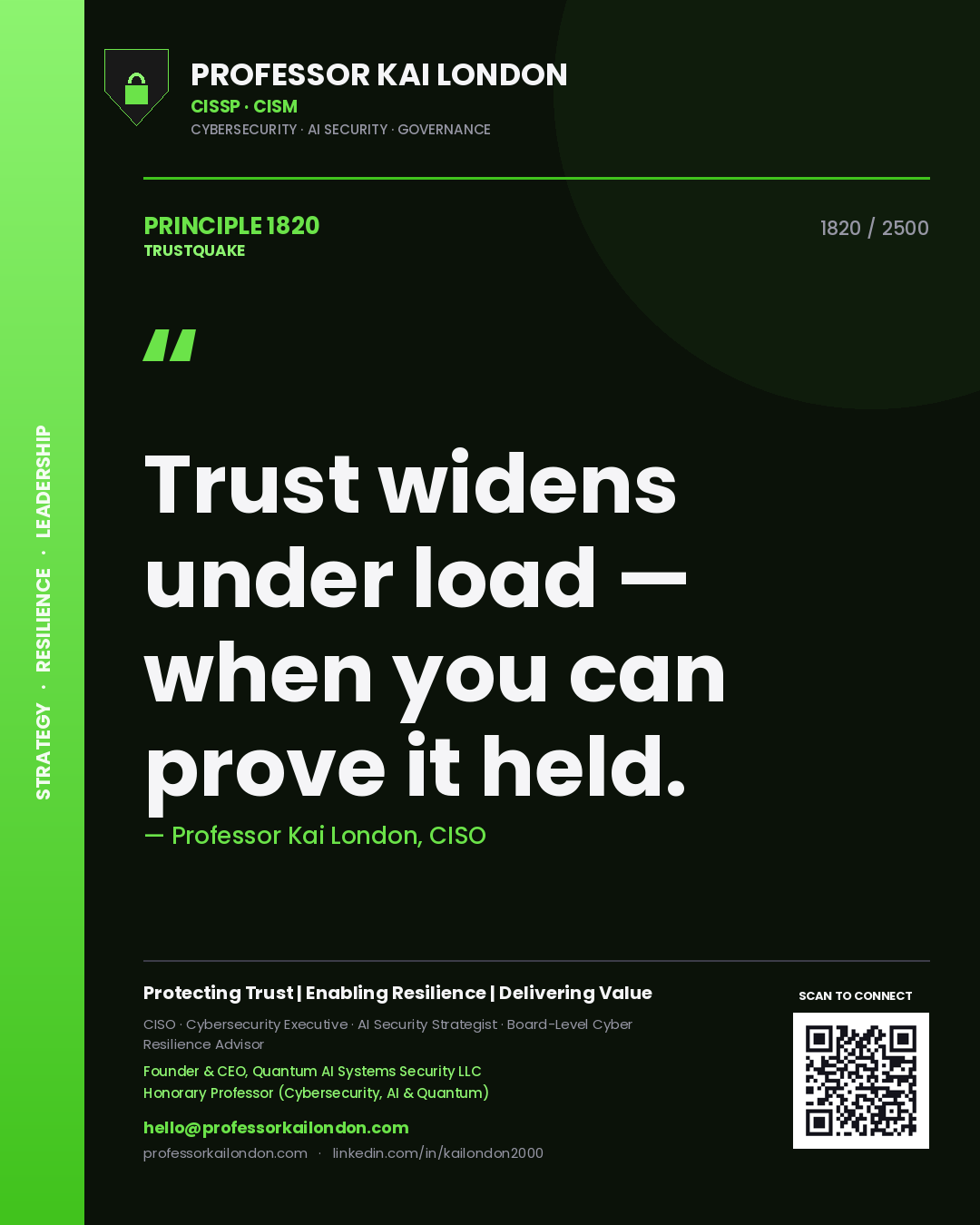 Professor Kai London principle 1820: Trust widens under load — when you can prove it held.