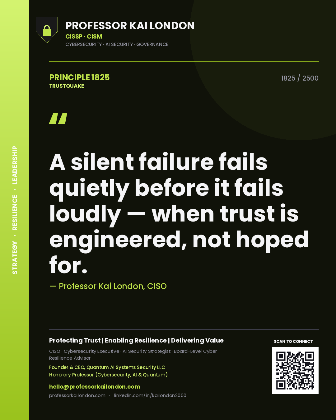 Quote card by Professor Kai London reading 'A silent failure fails quietly before it fails loudly — when trust is engineered, not hoped for.'. From the book Trustquake.