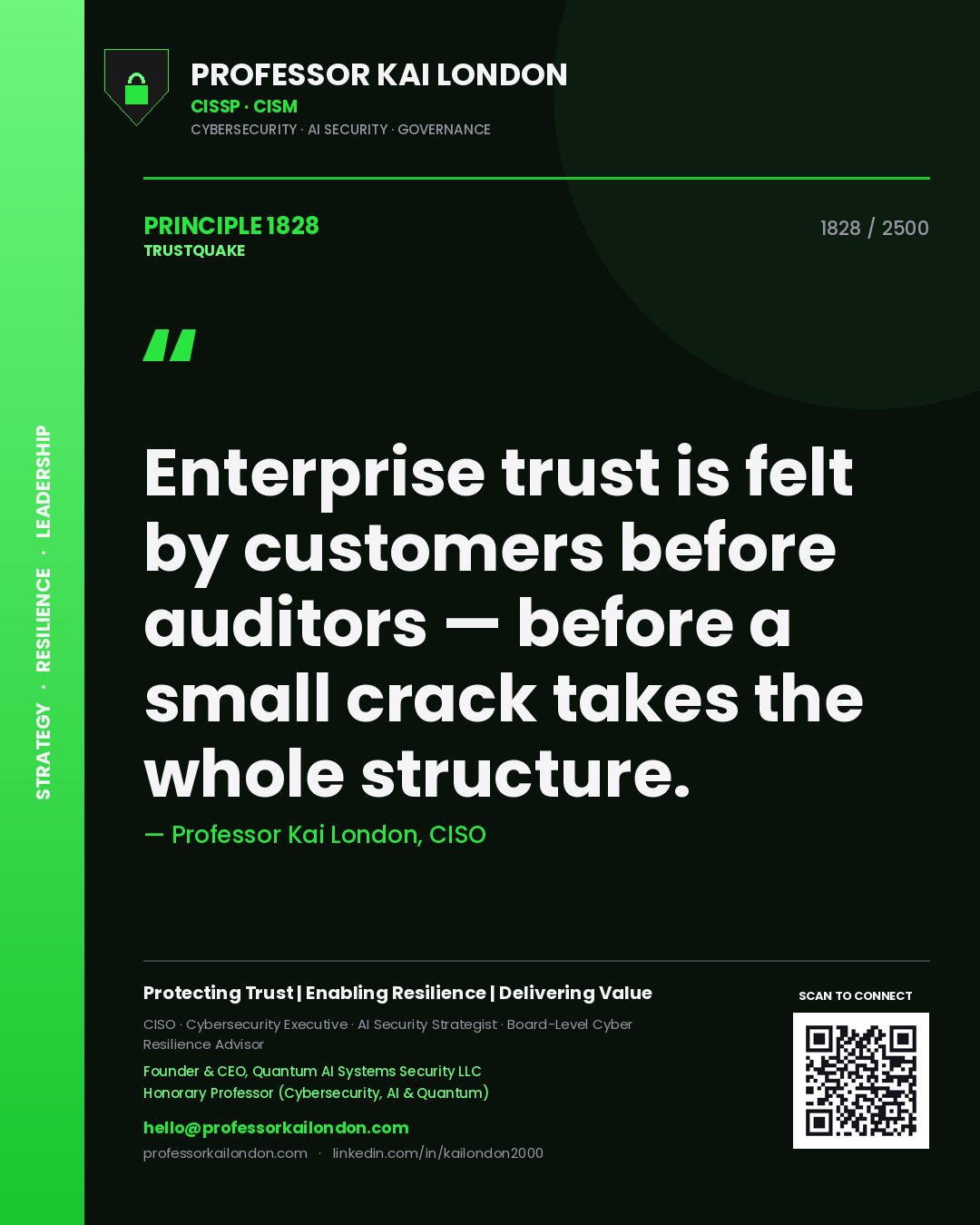 Quote card by Professor Kai London reading 'Enterprise trust is felt by customers before auditors — before a small crack takes the whole structure.'. From the book Trustquake.