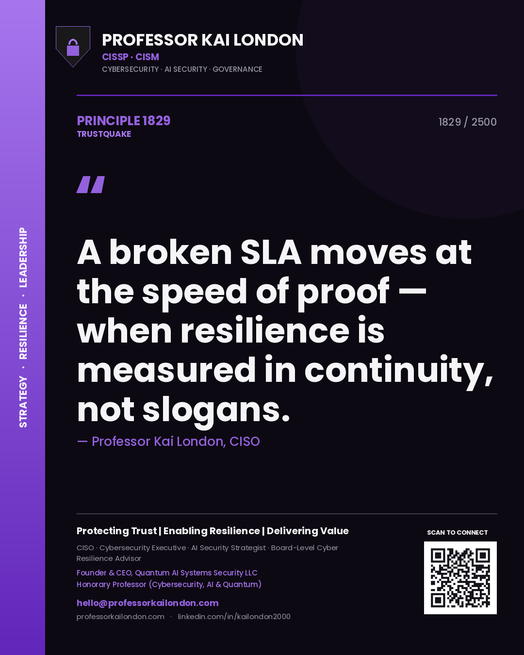 Quote card by Professor Kai London reading 'A broken SLA moves at the speed of proof — when resilience is measured in continuity, not slogans.'. From the book Trustquake.