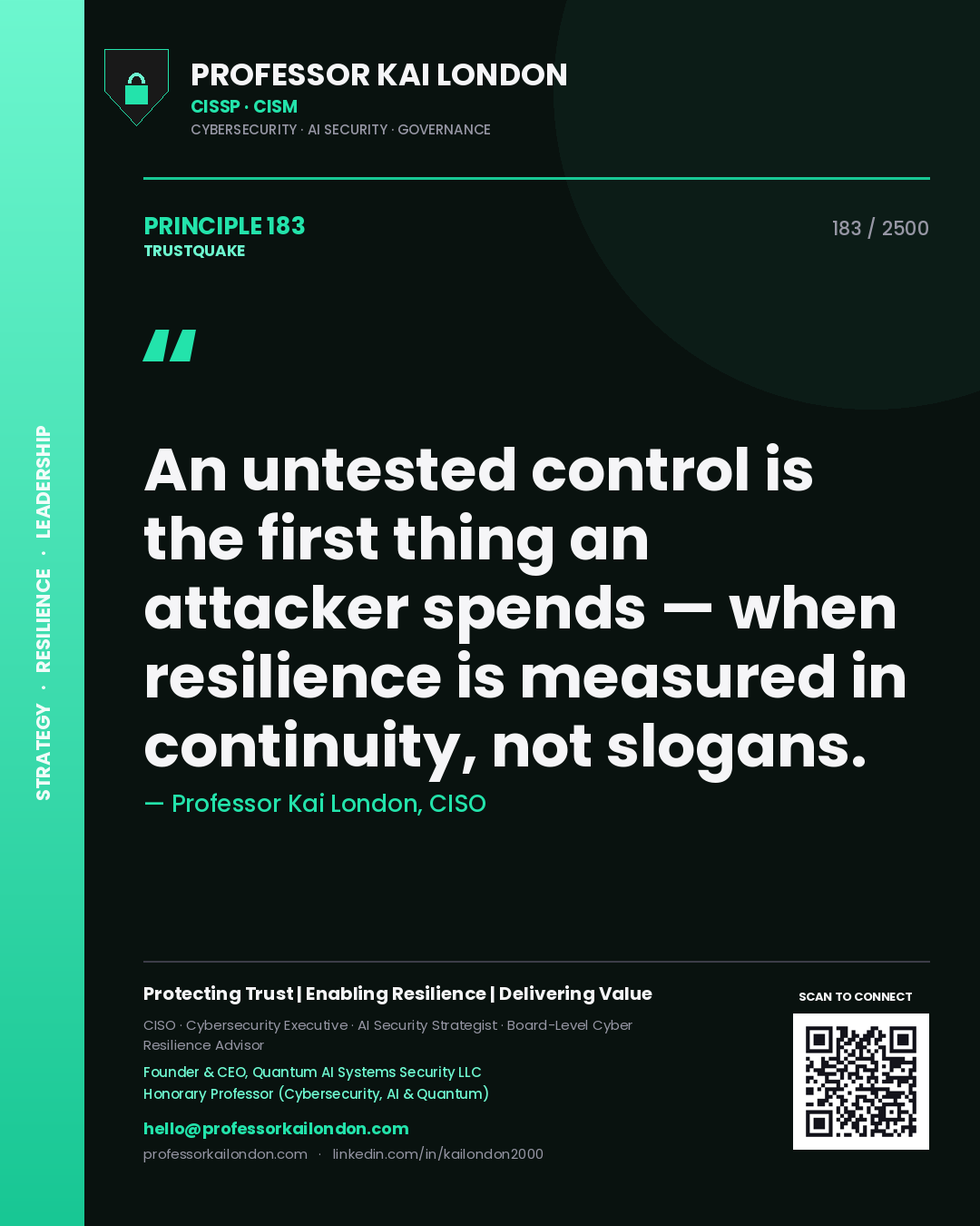 Professor Kai London principle 183: An untested control is the first thing an attacker spends — when resilience is measured in continuity, not slogans.