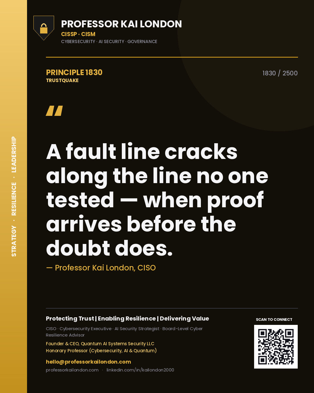 Quote card by Professor Kai London reading 'A fault line cracks along the line no one tested — when proof arrives before the doubt does.'. From the book Trustquake.