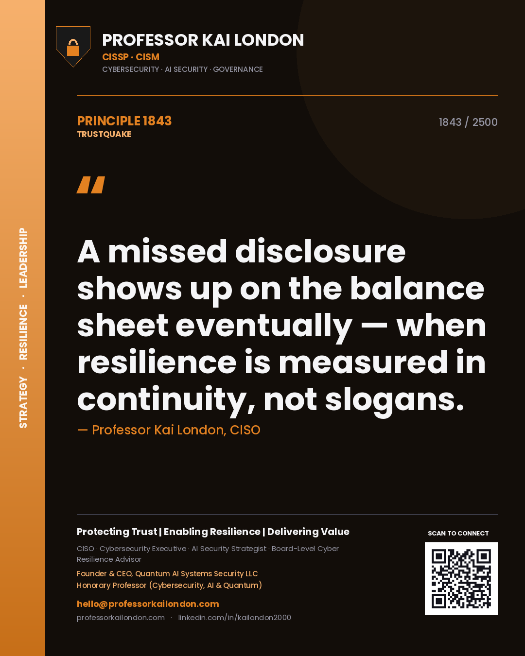 Quote card by Professor Kai London reading 'A missed disclosure shows up on the balance sheet eventually — when resilience is measured in continuity, not slogans.'. From the book Trustquake.