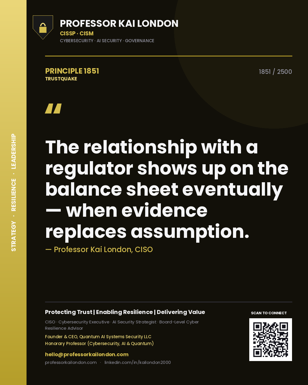 Professor Kai London principle 1851: The relationship with a regulator shows up on the balance sheet eventually — when evidence replaces assumption.