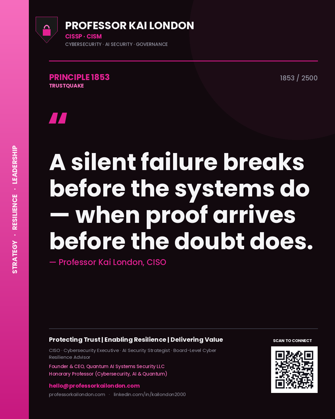 Quote card by Professor Kai London reading 'A silent failure breaks before the systems do — when proof arrives before the doubt does.'. From the book Trustquake.