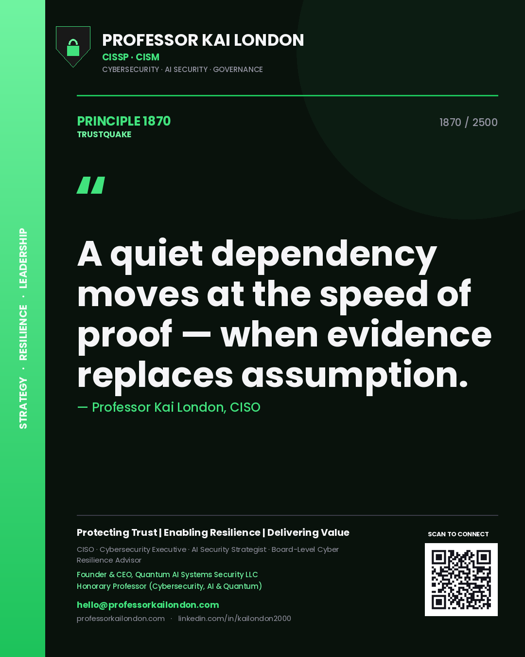 Quote card by Professor Kai London reading 'A quiet dependency moves at the speed of proof — when evidence replaces assumption.'. From the book Trustquake.