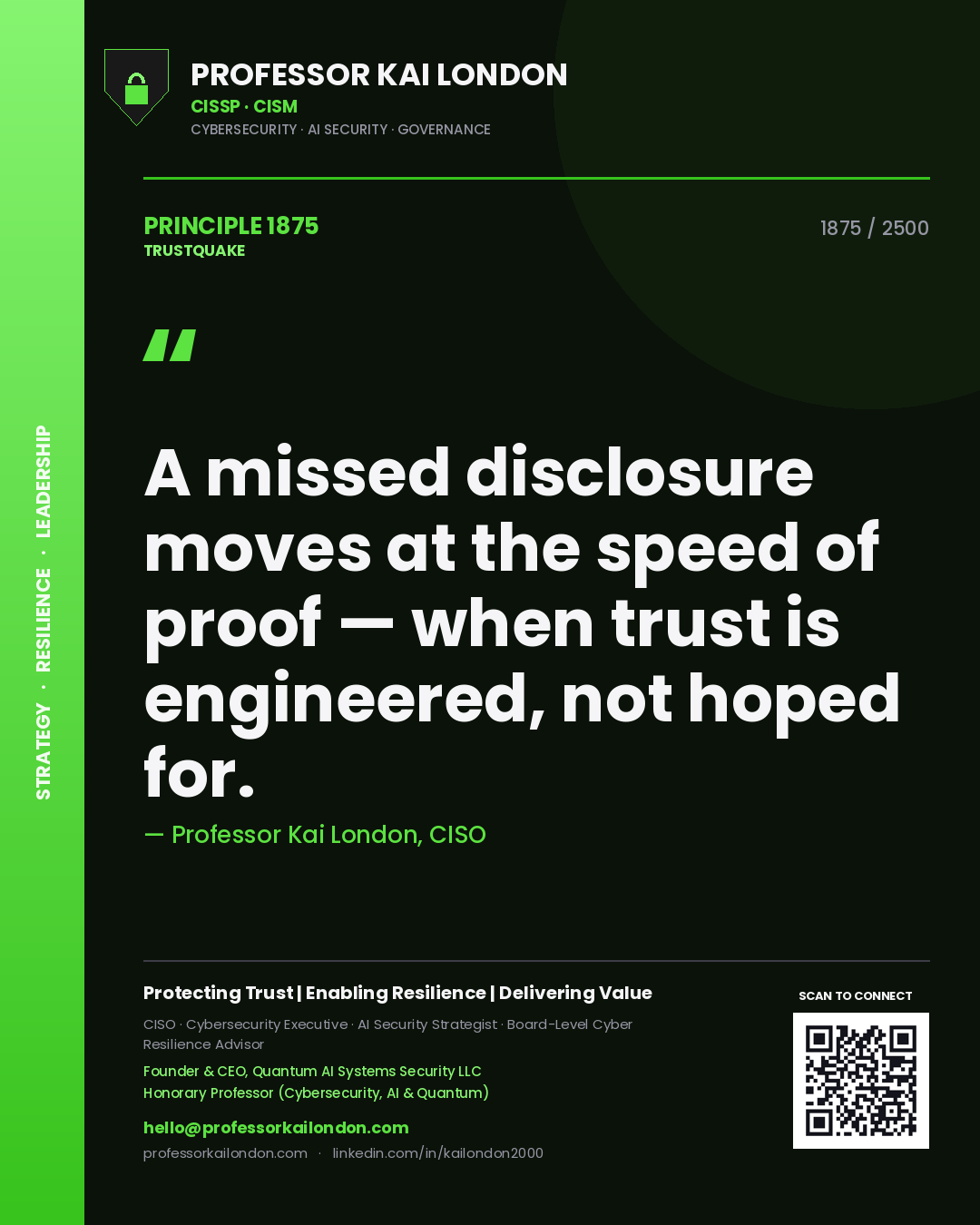 Professor Kai London principle 1875: A missed disclosure moves at the speed of proof — when trust is engineered, not hoped for.