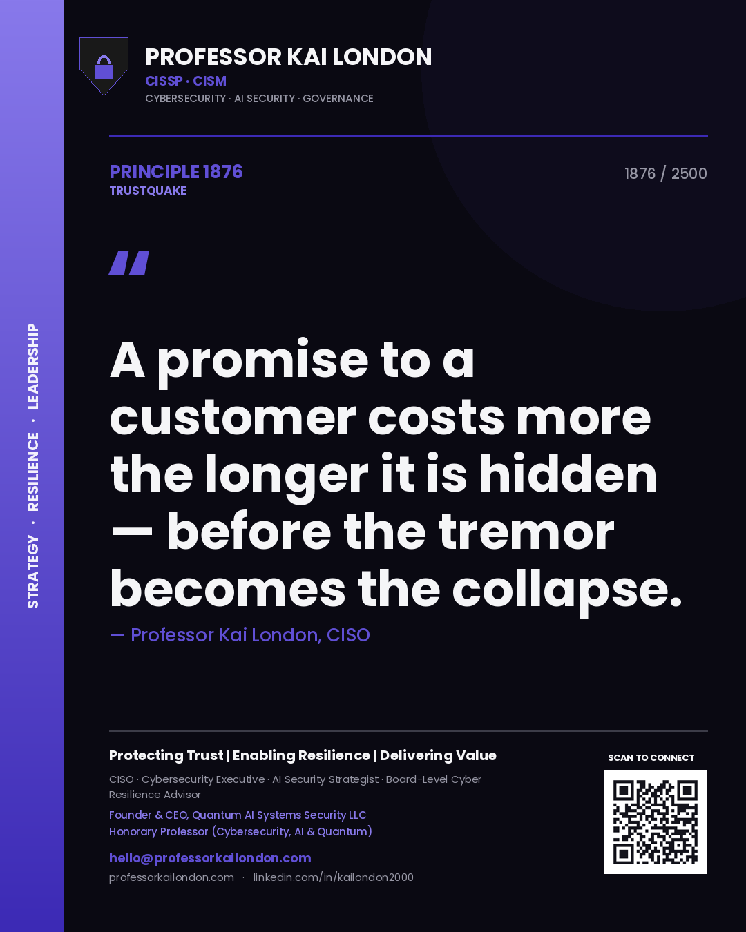 Quote card by Professor Kai London reading 'A promise to a customer costs more the longer it is hidden — before the tremor becomes the collapse.'. From the book Trustquake.