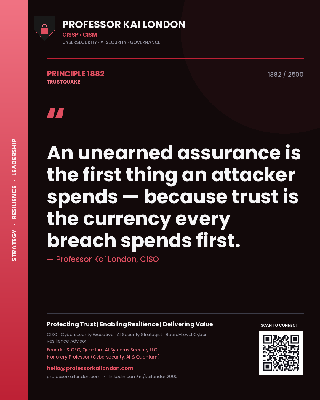Professor Kai London principle 1882: An unearned assurance is the first thing an attacker spends — because trust is the currency every breach spends first.