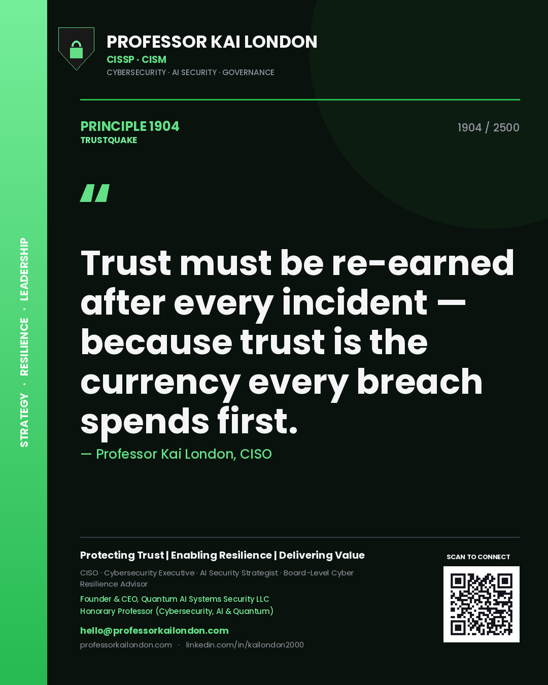 Professor Kai London principle 1904: Trust must be re-earned after every incident — because trust is the currency every breach spends first.