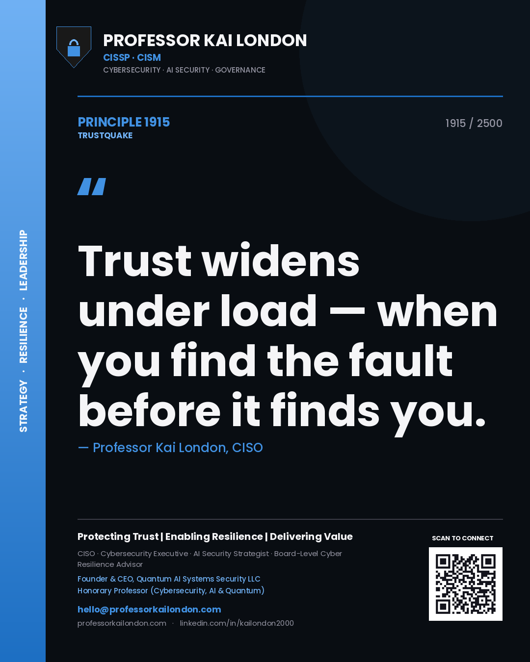 Professor Kai London principle 1915: Trust widens under load — when you find the fault before it finds you.