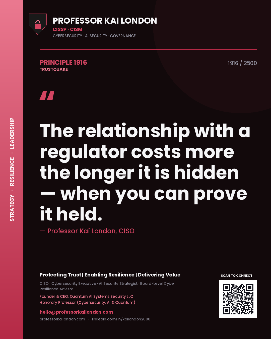Quote card by Professor Kai London reading 'The relationship with a regulator costs more the longer it is hidden — when you can prove it held.'. From the book Trustquake.