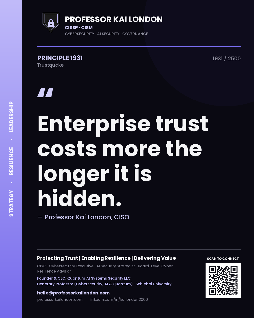 Professor Kai London principle 1931: Enterprise trust costs more the longer it is hidden.
