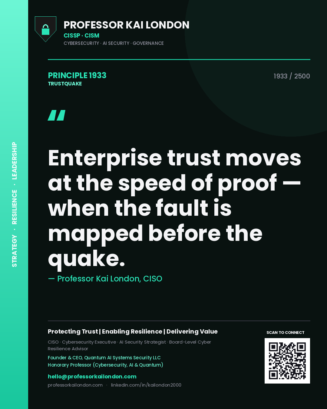 Professor Kai London principle 1933: Enterprise trust moves at the speed of proof — when the fault is mapped before the quake.