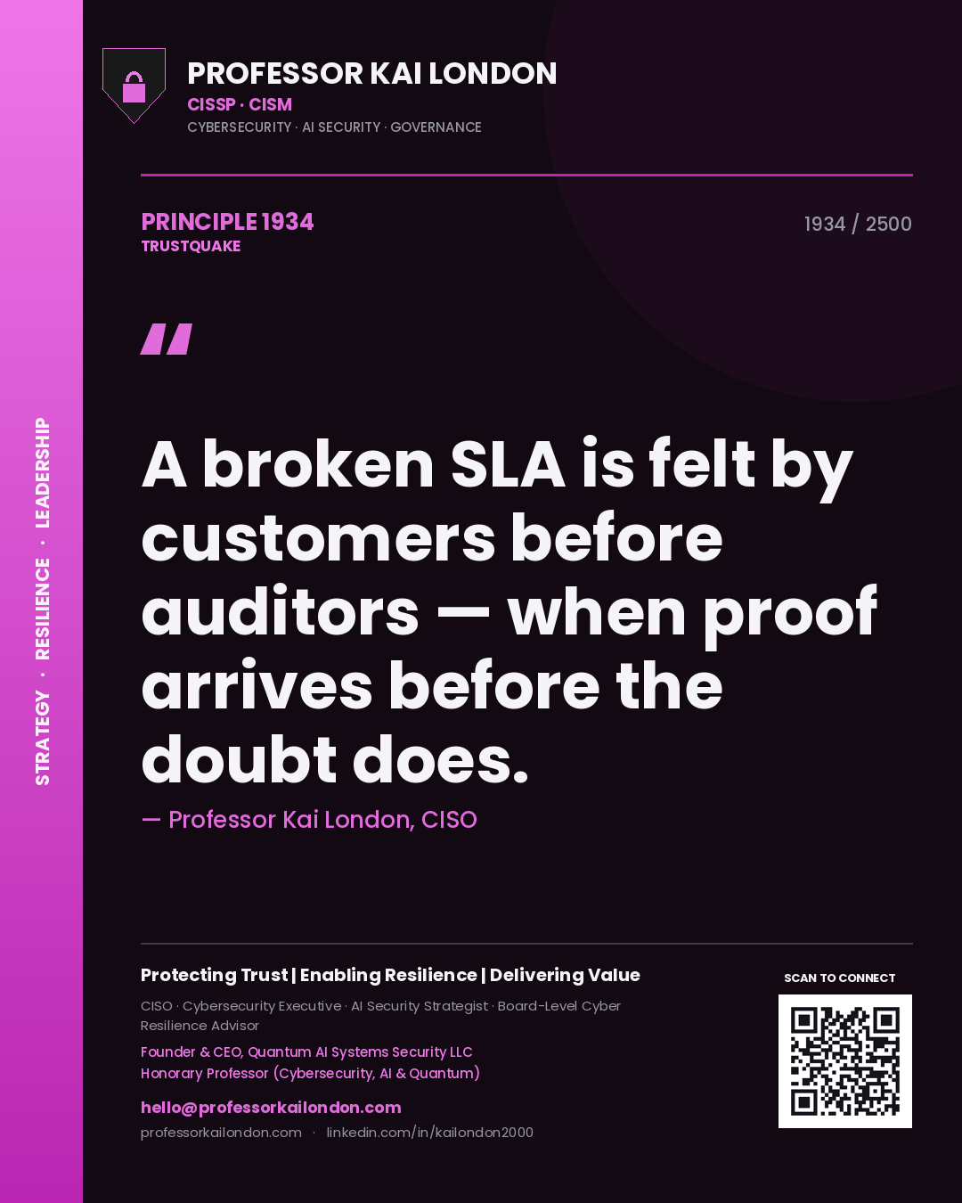 Quote card by Professor Kai London reading 'A broken SLA is felt by customers before auditors — when proof arrives before the doubt does.'. From the book Trustquake.