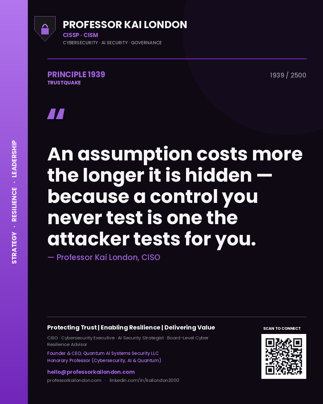 Quote card by Professor Kai London reading 'An assumption costs more the longer it is hidden — because a control you never test is one the attacker tests for you.'. From the book Trustquake.