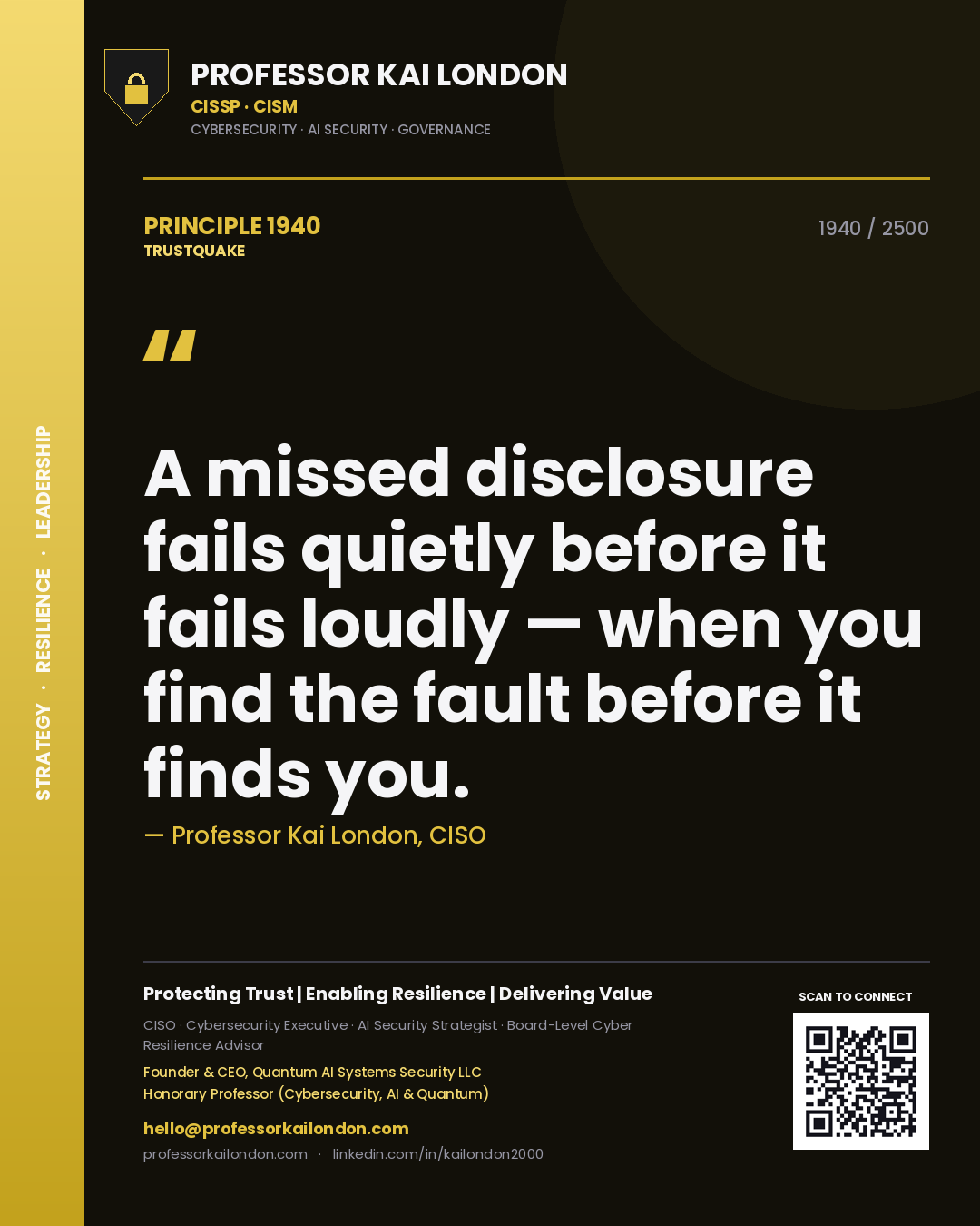 Professor Kai London principle 1940: A missed disclosure fails quietly before it fails loudly — when you find the fault before it finds you.
