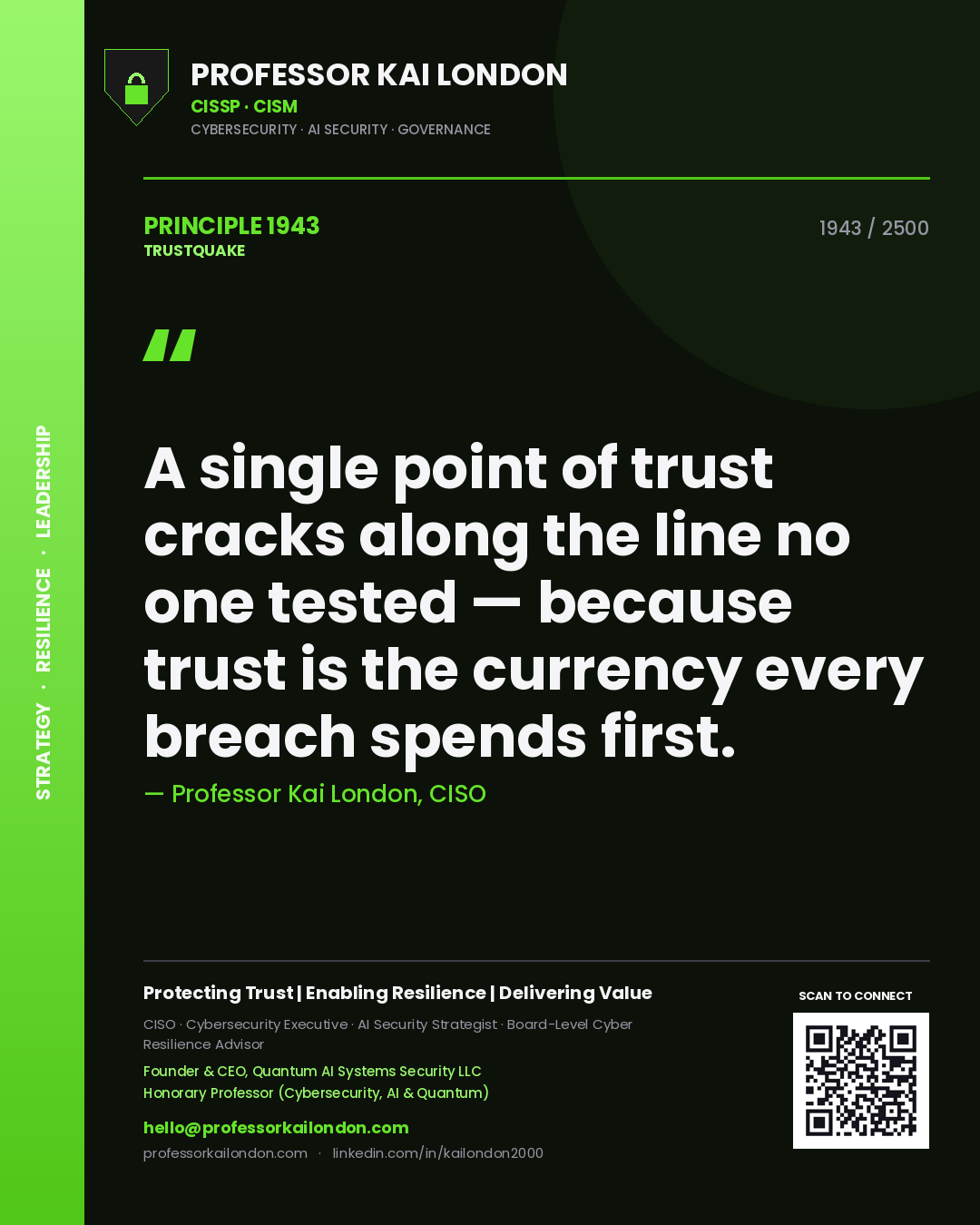 Professor Kai London principle 1943: A single point of trust cracks along the line no one tested — because trust is the currency every breach spends first.