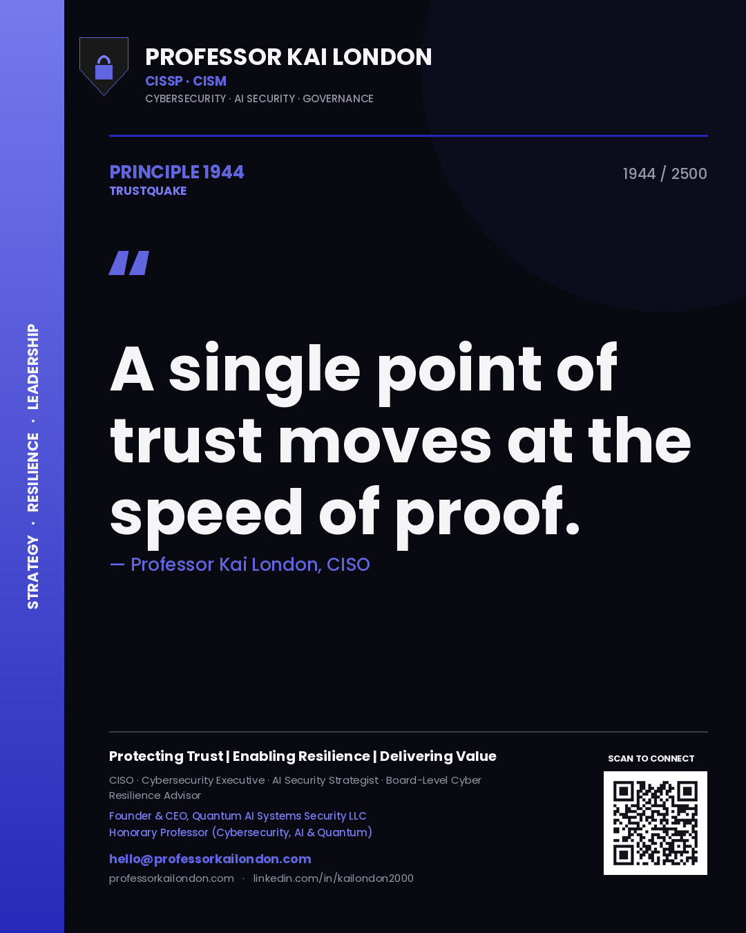 Professor Kai London principle 1944: A single point of trust moves at the speed of proof.