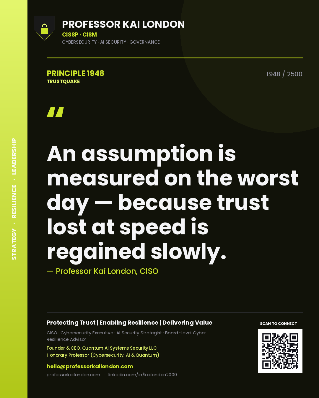Professor Kai London principle 1948: An assumption is measured on the worst day — because trust lost at speed is regained slowly.