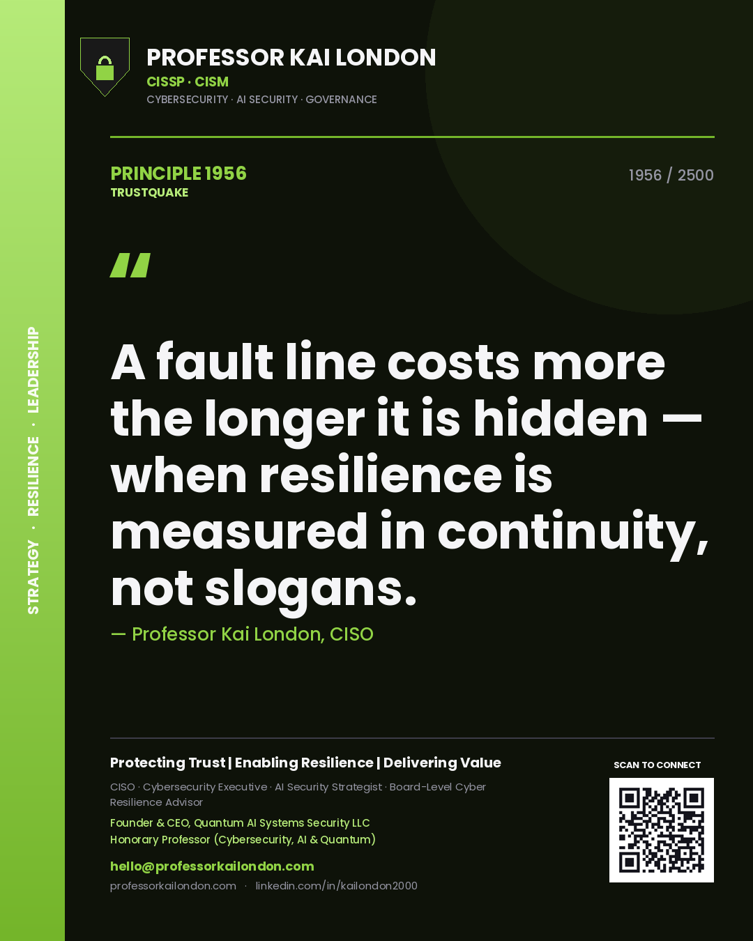 Professor Kai London principle 1956: A fault line costs more the longer it is hidden — when resilience is measured in continuity, not slogans.