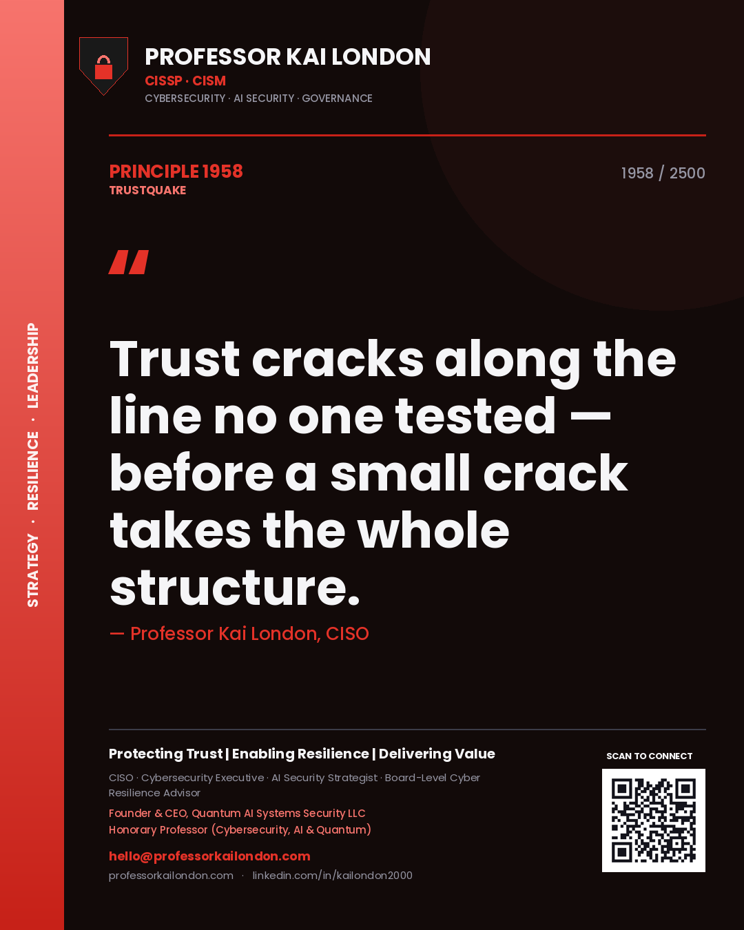 Professor Kai London principle 1958: Trust cracks along the line no one tested — before a small crack takes the whole structure.